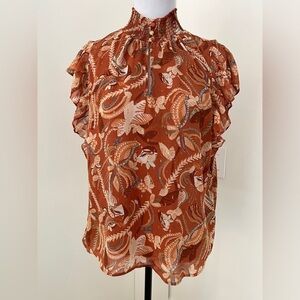 JOIE Short Flutter Sleeve Pullover Flowy Blouse Keyhole High Smocked Neck